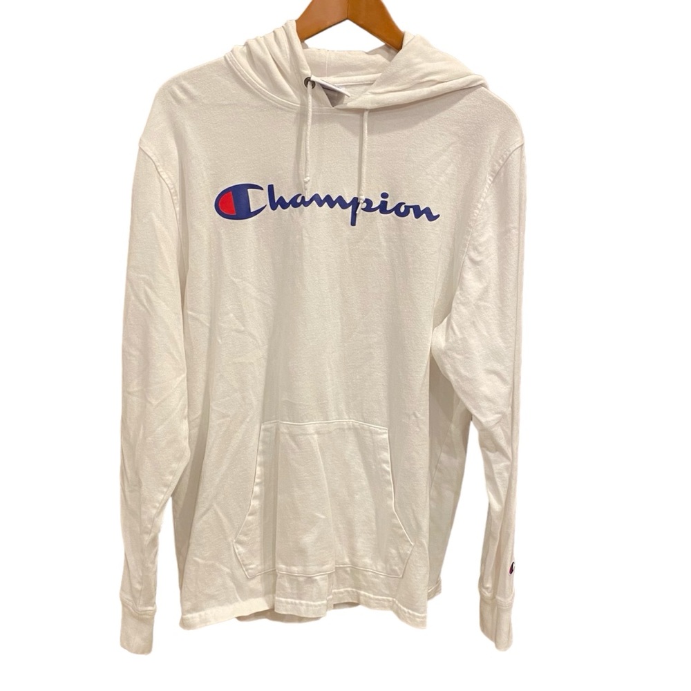 CHAMPION Women's White Hooded Lightweight Sweatshirt Front Pocket Size Large